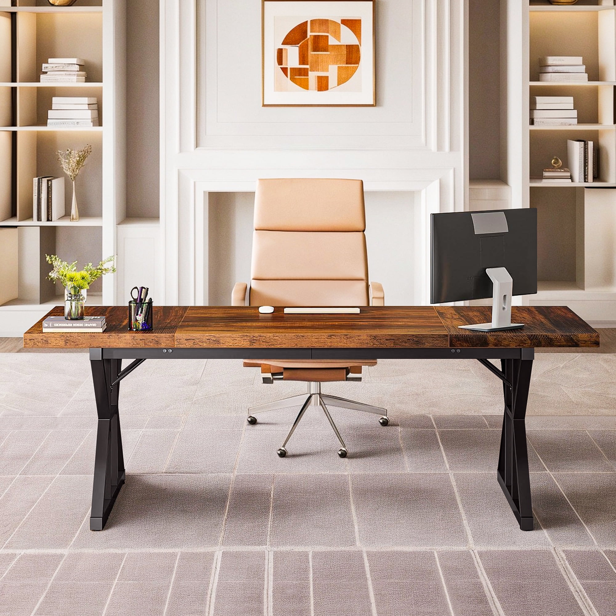 Demi Bonn 71" Farmhouse Dining Table, Wood Rustic Kitchen Table for 6 People, Large Rectangular Dinner Table for Dining Room, Home Office, Living Room Furniture, Brown & Black