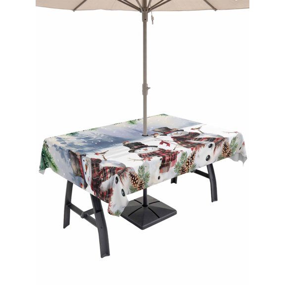 Outdoor Tablecloth with Umbrella Hole and Zipper, Christmas Snowman Rectangle Table Cloth 54x80 Inch Waterproof Tablecloth, Xmas Winter Watercolor Pine Fruits Tree Picnic Table Cover for Patio
