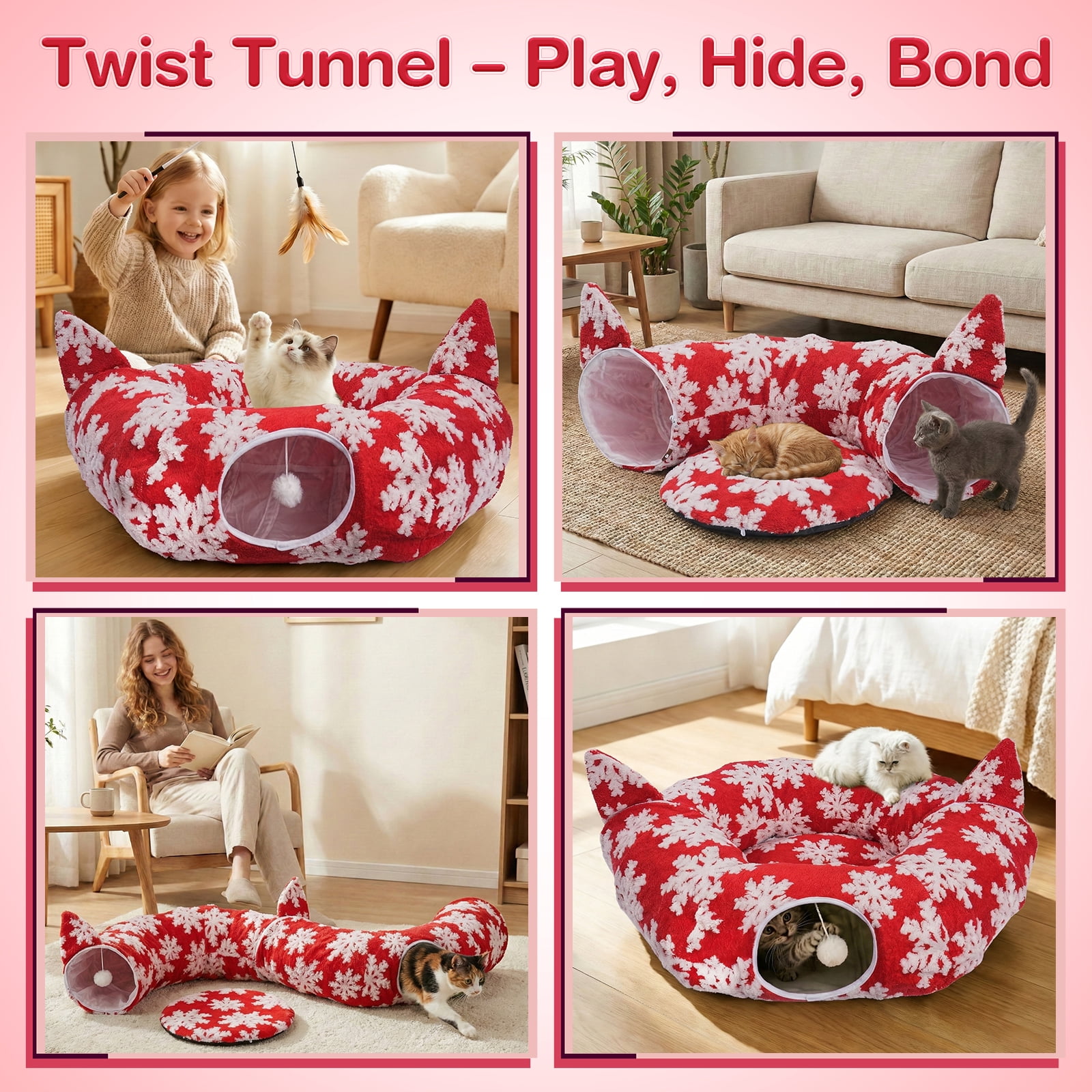 Hutact 3-in-1 Cat Tunnel with Cushion Cat Bed, 36in Cat Tunnel with Cushion Fleece Festive Red Snowflake – Detachable, Foldable, for 1-2 Cats Exercise Playing Sleeping, Red