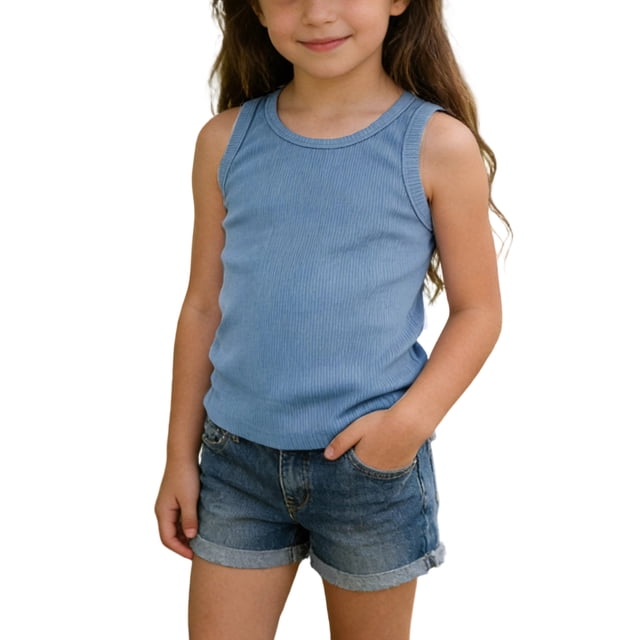 Blusas sin Mangas para Niñas Pequeñas - Camisetas de Verano Acanaladas sin Mangas con Cuello Redondo para Niñas, Ligeras, Casuales, Ajustadas, Estilo Racerback, Camisetas sin Mangas, Playeras, Azul,