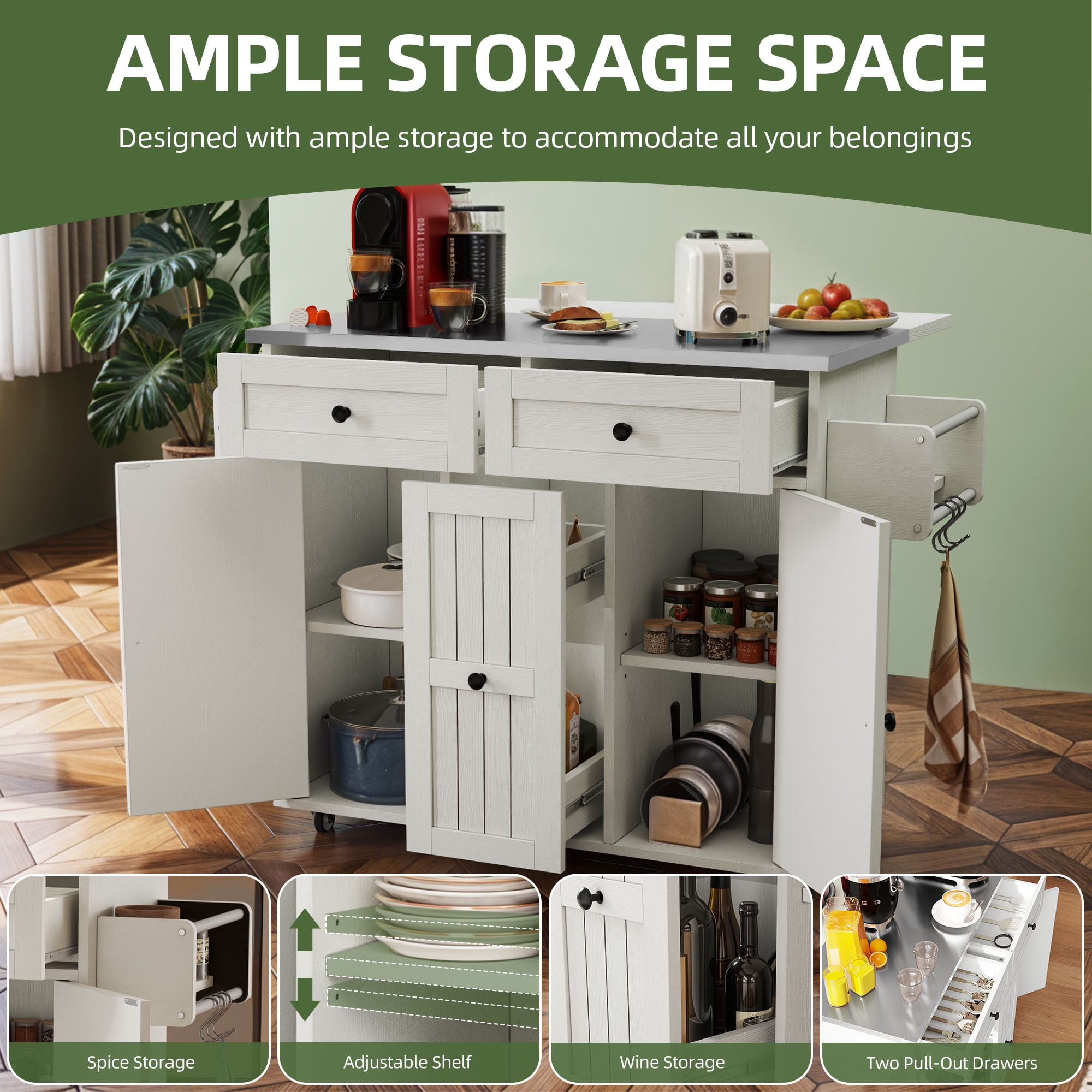 Uforic Kitchen Island with Wheels & Storage, Kitchen Island Cart with Drop Leaf, White