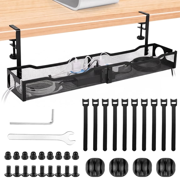 Under Desk Cable Management Tray, 25.3'' No Drill Metal Clamp Mount, Cord Organizer for Standing Desk, Black