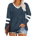 thumbnail image 2 of Spring Fall Women's Long Sleeve V-neck Casual Shirt Stripe Sleeve Loose Plus Size Tops, 2 of 4