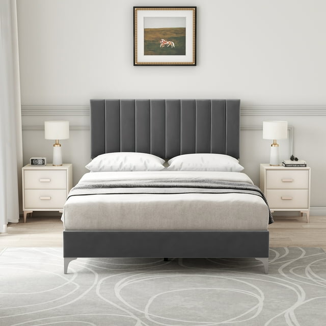 PIONEERWORKS Full Size Velvet Upholstered Bed with Adjustable Headboard and Wooden Slats Support, No Box Spring Needed, Easy Assembly