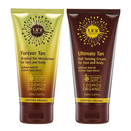 Dark Tan Combo - Certified Organic Self-Tanning Lotion Set. Anti-Aging Self Tan Lotion for Face & Body with Gradual Buildable Self Tan Daily Cream. Medium to Dark by Uni Organics