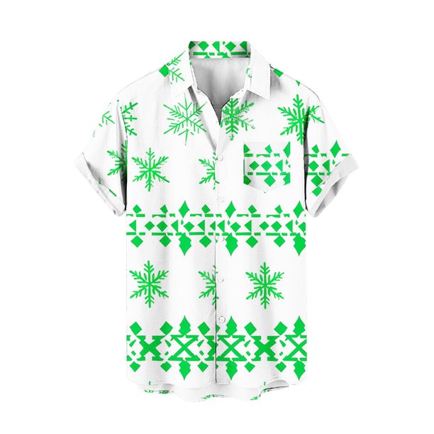 Mens Manga Corta Botón Abajo Camisas, Navidad Impreso Turndown Cuello Blusa, Top de Moda Casual