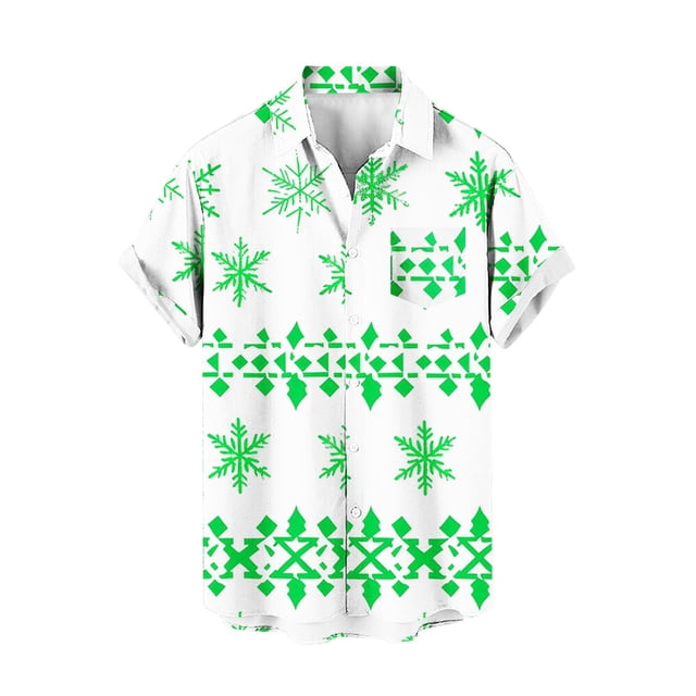 Mens Manga Corta Botón Abajo Camisas, Navidad Impreso Turndown Cuello Blusa, Top de Moda Casual