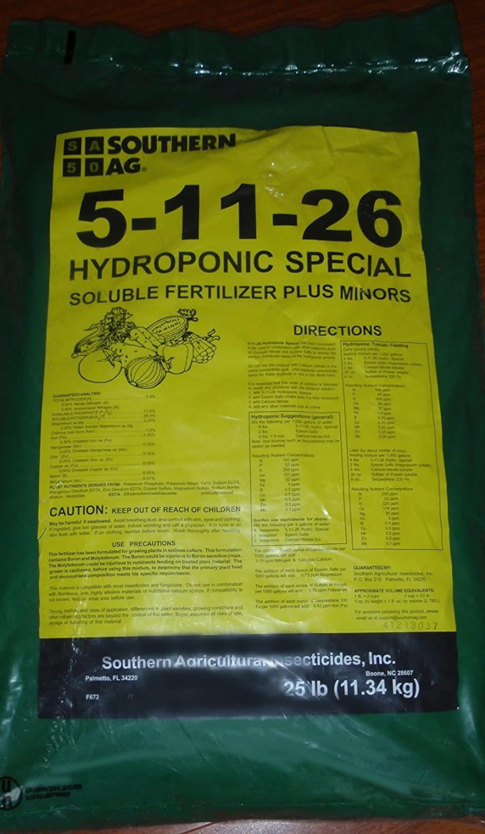 Bag Soluble Fertilizer Plus Minors Southern Ag 5-11-26 Hydroponic Special 25 lb 