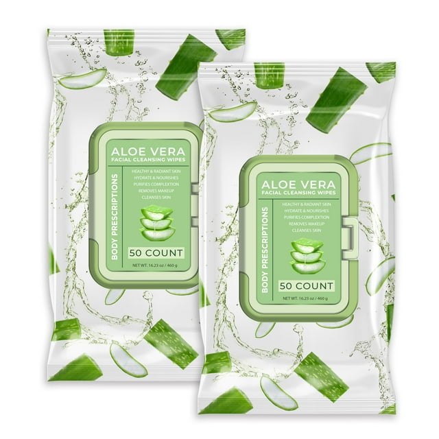Toallitas limpiadoras de maquillaje Body Prescription – Toallitas faciales suaves y eficaces, 50 unidades (paquete de 2) Aloe Vera