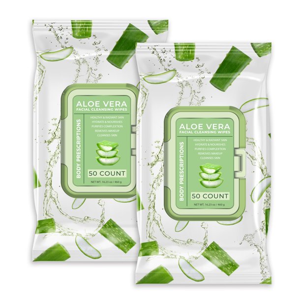 Toallitas limpiadoras de maquillaje Body Prescription – Toallitas faciales suaves y eficaces, 50 unidades (paquete de 2) Aloe Vera