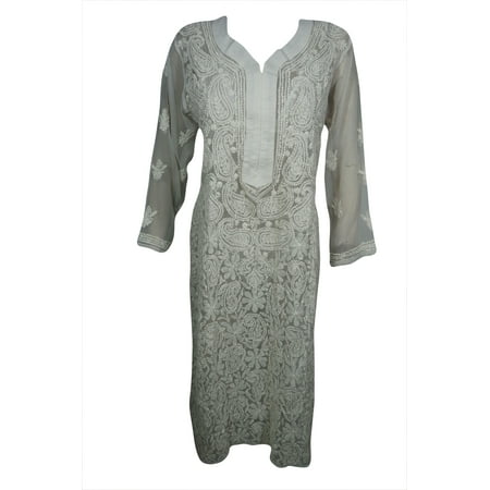 - Mogul Women's White Long Tunic Floral Hand Embroidered Sheer Georgette Dress Long Sleeves Bikini Cover Up Beach Wear Ethnic Indian Kurti Caftan S/M