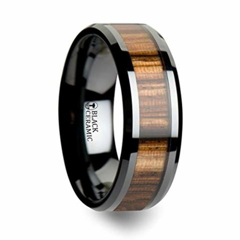 Thorsten ZEBRANO Black Ceramic Ring with Beveled Edge Wedding Band and Real Zebra Wood Inlay 4mm from Roy Rose Jewelry