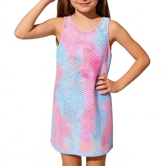 Faraee Girls Eyelet Swimsuit Cover Up Kids Casual Sleeveless Summer Beach Dress Coverups Tie Dye Bathing Suit (3-4T,Light Blue)