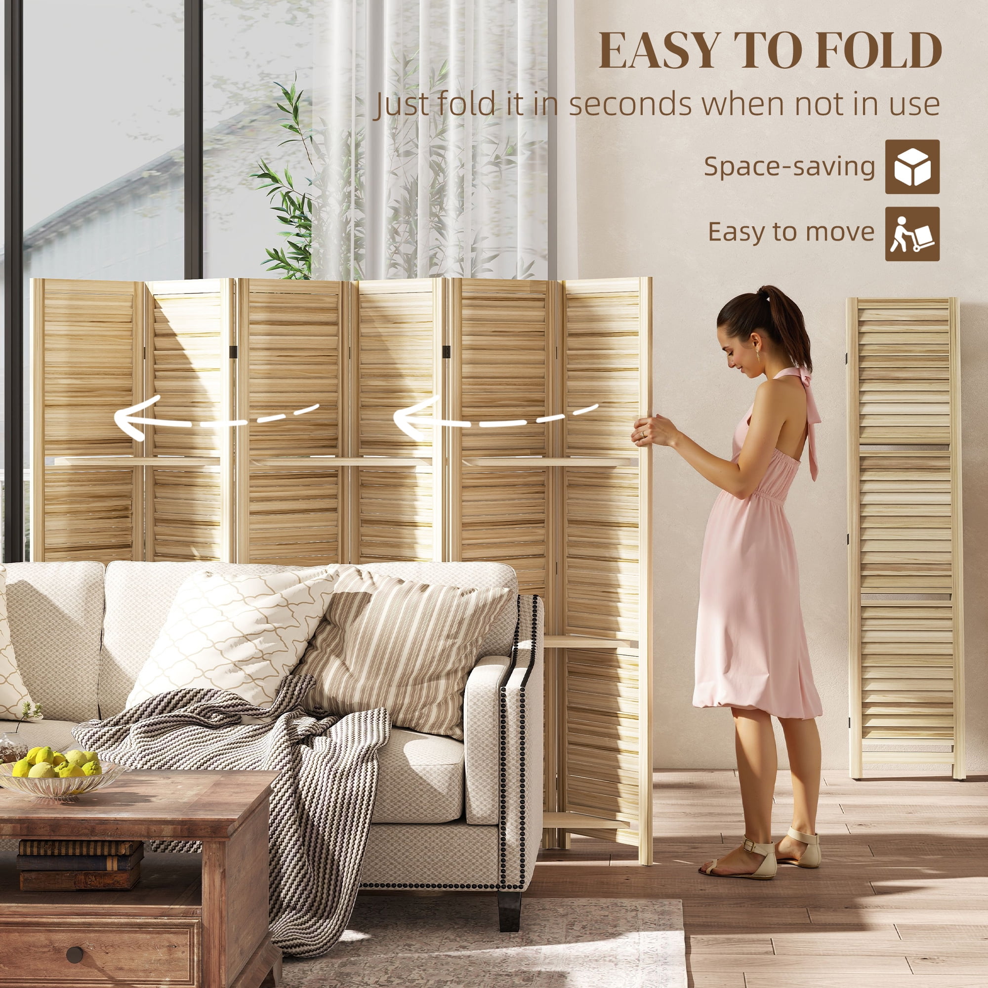 HOMCOM 6 Panel 67" Tall Wood Privacy Screen Room Divider with 3 Display Shelves, and Folding Storage for Bedroom or Home Office, Natural Wood