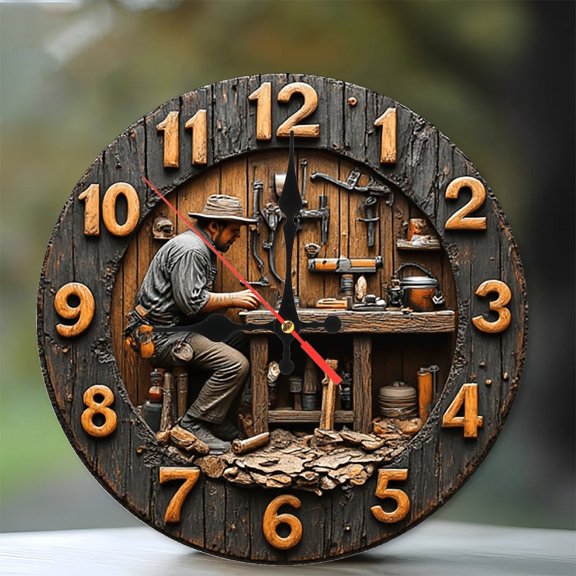 Wooden Workshop Clock Artisan Craftsman Wall Clock 10-Inch Silent Wooden Wall Clock, Battery Operated (AA Batteries Not Included), Artistic Home Decor