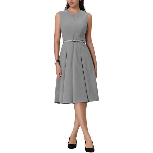 INSPIRE CHIC Robe Sans Manches pour Femmes Fermeture à Glissière Ceinturée Ajustée & Évasée Robe Midi de Travail S Gris