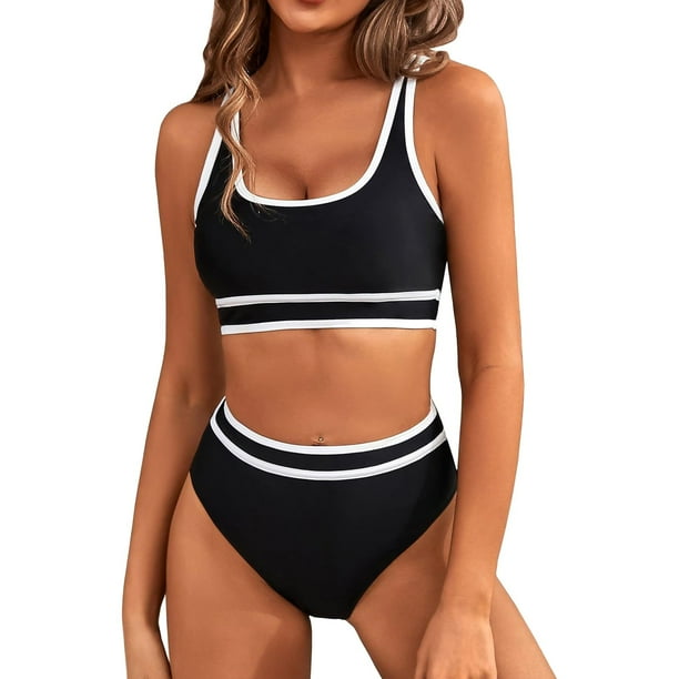 Gibobby Trajes de Natación para Mujer Conjuntos de bikini de cintura alta para mujer Traje de baño deportivo de dos piezas Bloque de color Trajes de baño(Negro,M)