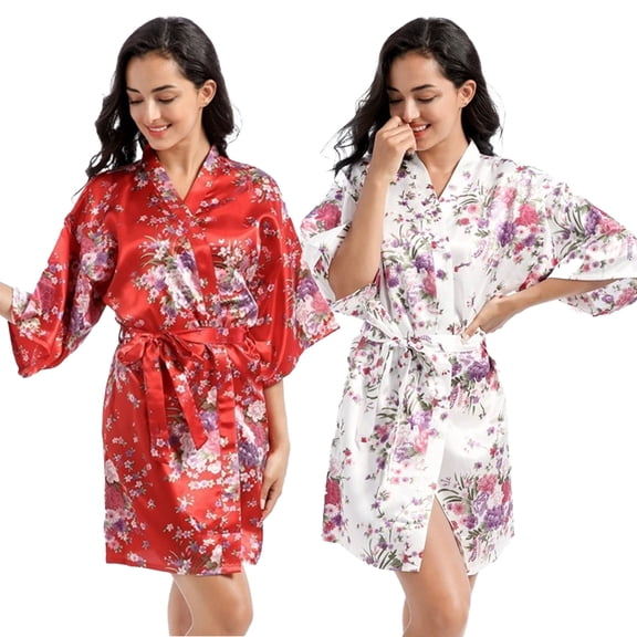 LYMAYTER Womens Short Floral Satin Kimono Robes Lightweight Bridesmaid Bride Wedding Party M-2XL
