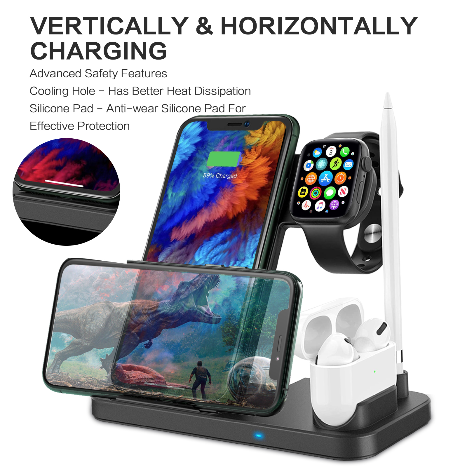 Wireless Charging Station for Apple Products, 4 in 1 Apple Watch Charger with Qi-Certified 15W Charging Dock for Multiple Devices, iPhone Charging Station Compatible with Apple Watch& Airpod & Pencil