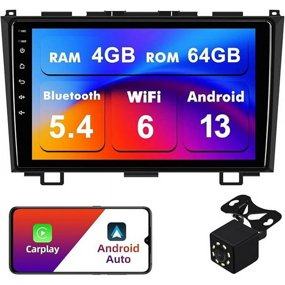 4 64G Android 13 Double Din Car Stereo for Honda CR-V 2007-2011 with 9 Inch Touchscreen Radio Built-in Wireless Carplay/Android Auto/GPS/Bluetooth/FM/AUX-in/Steering Wheel Controls/Backup Camera