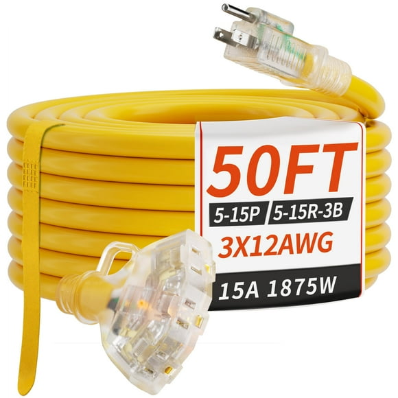 PlugSaf 50 FT 12/3 Gauge Outdoor Extension Cord with Multiple Outlets Light Indicator, Flexible 3 Outlet Weatherproof Heavy Duty Extension Cord Waterproof Yellow, 15