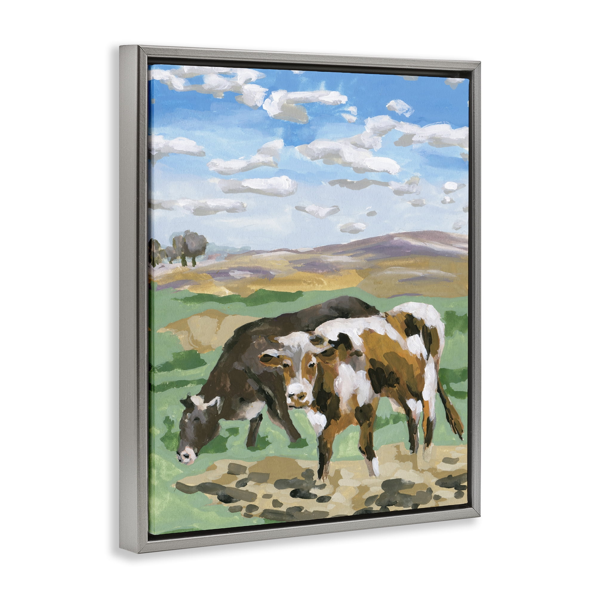 Stupell Industries Grazing Cattle Landscape Animals Painting Gray Floater Framed Canvas Art Print Wall Art, 25 x 31