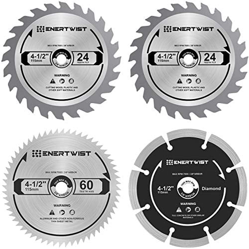 Enertwist 4-1/2 inch Compact Circular Saw Blade Set, Pack of 4-Pieces TCT/HSS/Diamond Saw Blades Assorted for Wood/Plastic/Metal/Tile Cutting, 3/8in