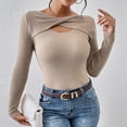 thumbnail image 2 of Women's Crewneck T Shirts Slim Fitted Elegant Fall Ribbed Knit Casual Long Sleeve Tee Tops Cutout Twist Knotted Undershirt, 2 of 6