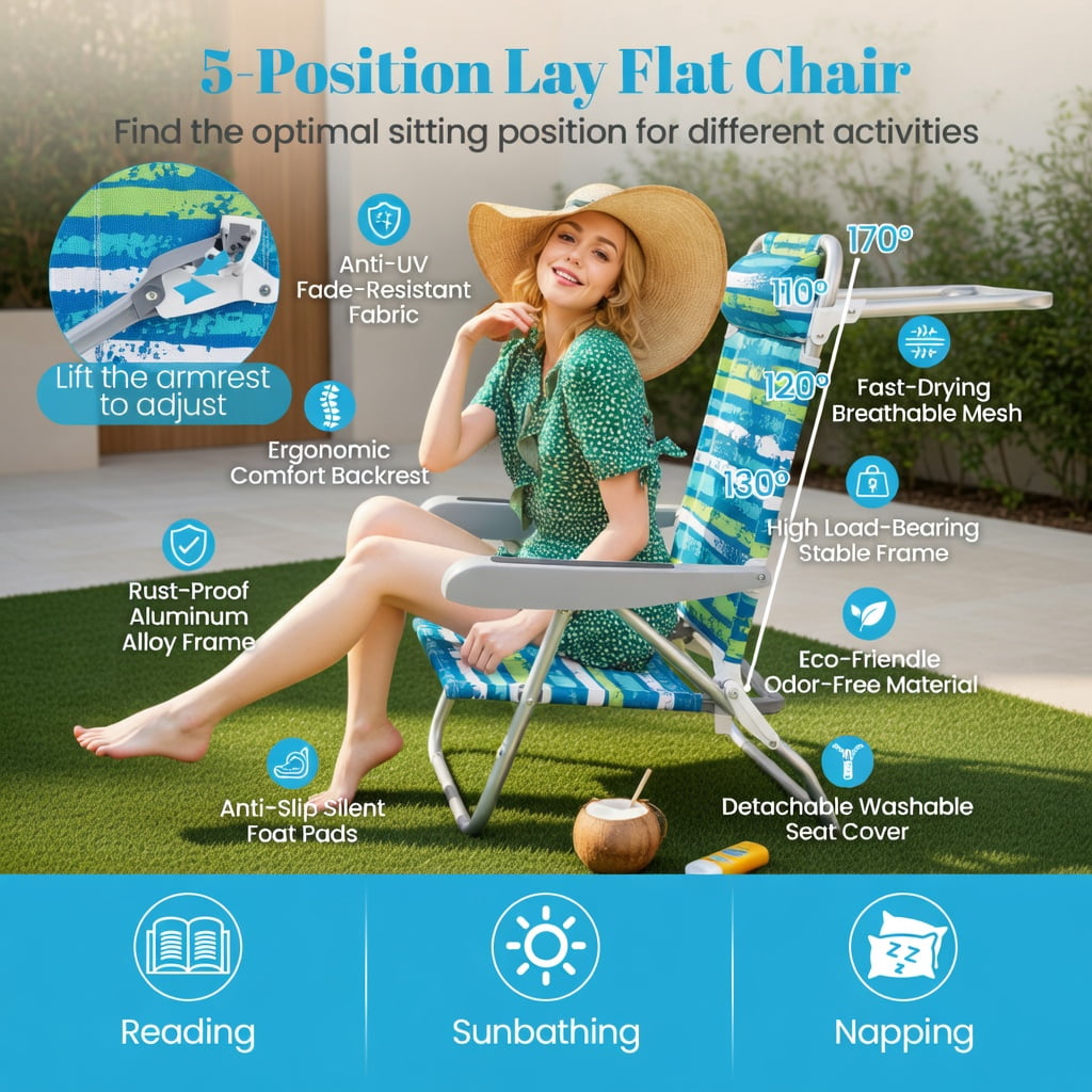 Hommoo 2-Pack Lightweight Folding Beach Chair with 5-Position Recline, Padded Headrest & Cup Holder, Green