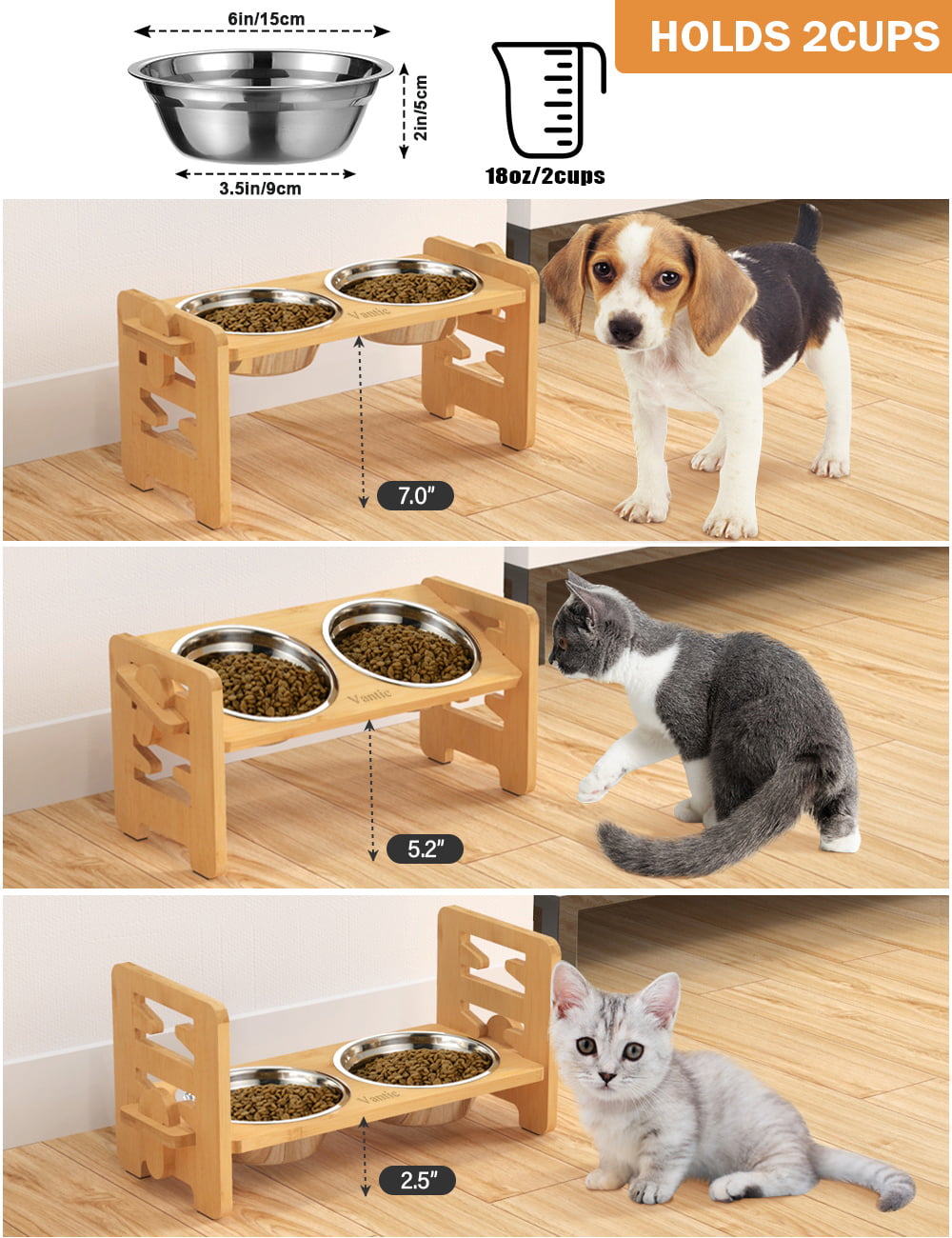 COOZMENT Elevated Dog Bowls,Bamboo Dog Bowl Stand,Raised Dog Bowls for  Small Dogs,Dog Food Bowls,Non-Slip Dog&Cat Feeder with 2 Stainless Steel