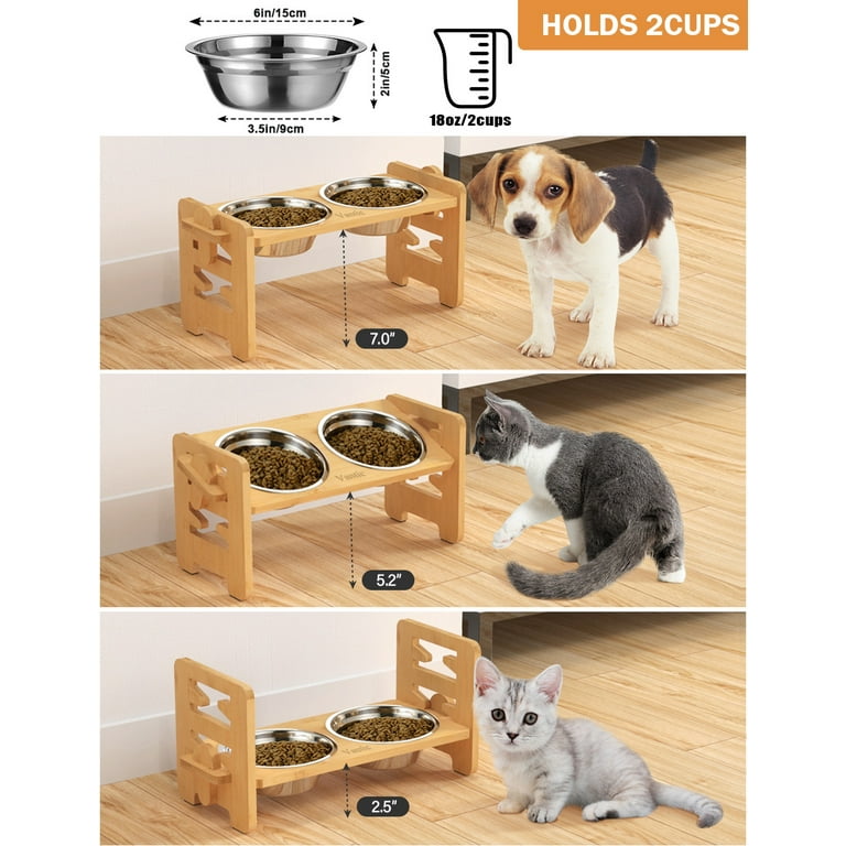 Vantic Elevated Dog Bowls-Adjustable Raised Dog Bowls with Stand for Small Size Dogs and Cats,Durable Bamboo Dog Feeder with 2 Stainless Steel Bowls