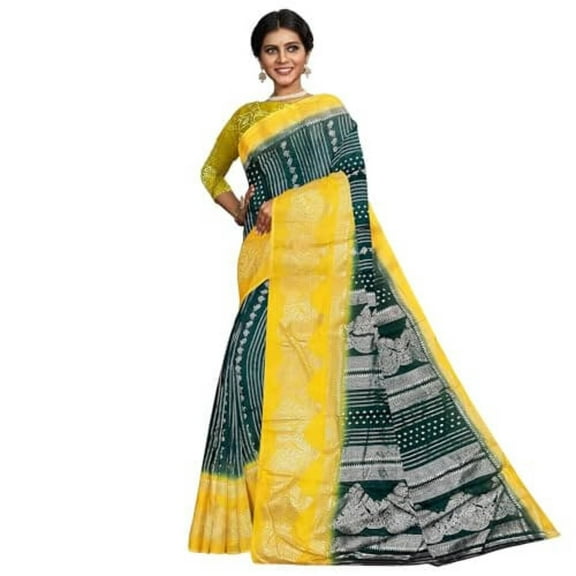 Ta la hi Collections Silk Saree with Mica Print, Traditional Saris - Green and Yellow