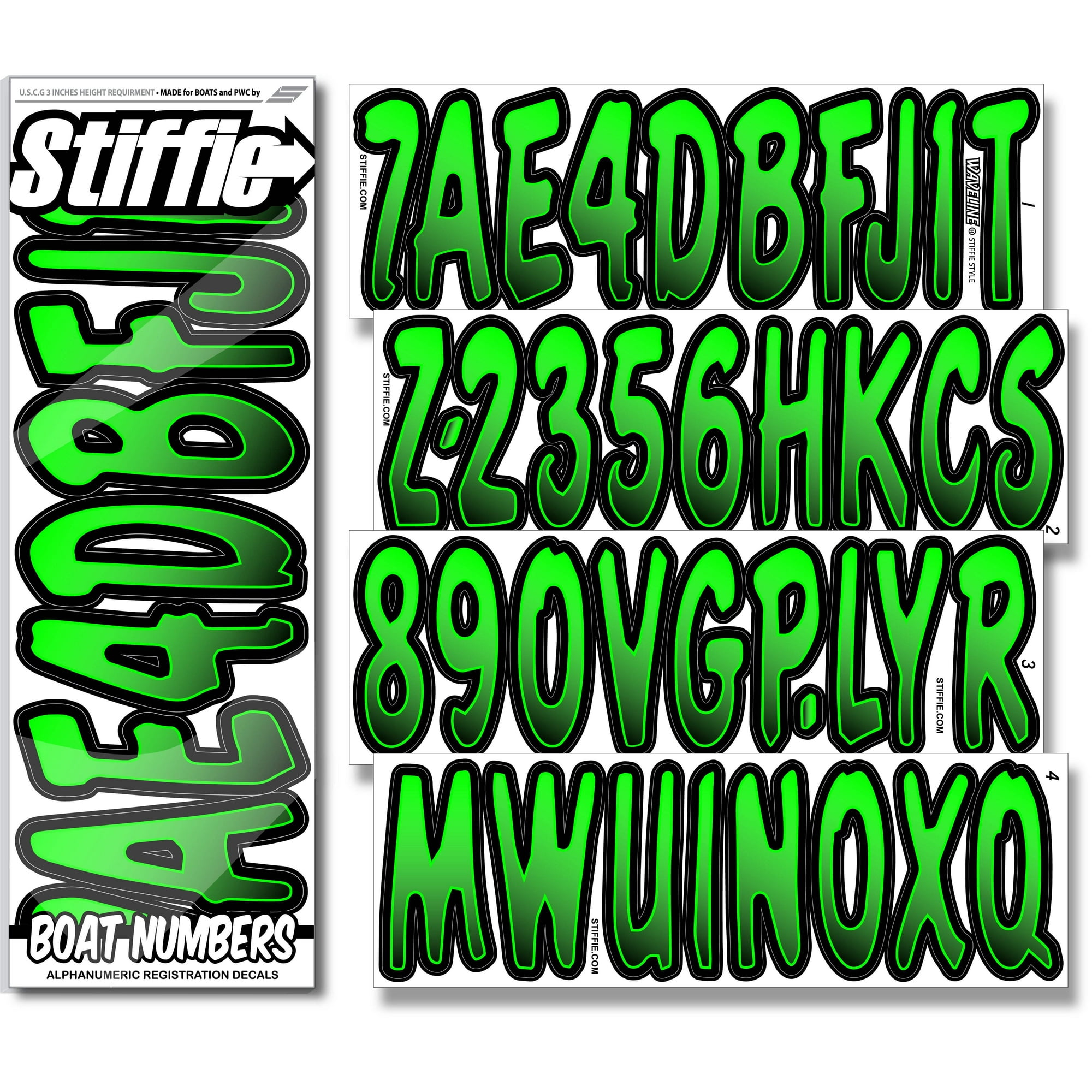 STIFFIE Waveline Electric Green/Black 3” Boat PWC Registration Decals • Numbers Letters Stickers
