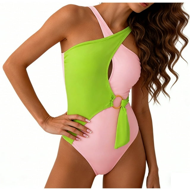 Women's Cross Halter One Piece Color Block Swimsuit with Removable Pads, Sexy Cutout for Vacation