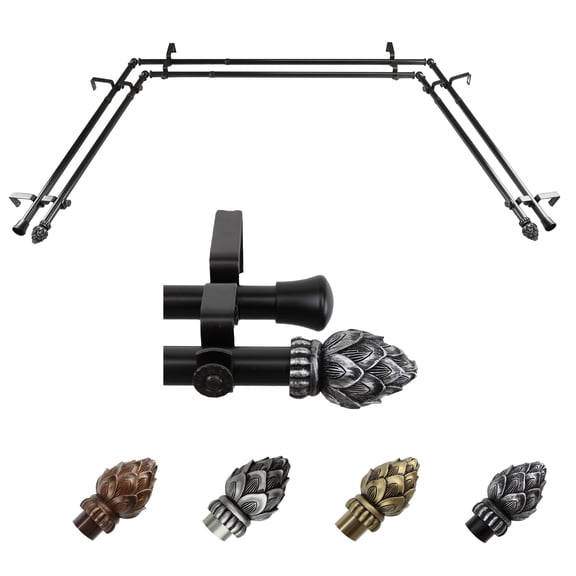Gisela 13/16" Double Bay Window curtain rod Adjustable 20"-36", 38"-72" - Black