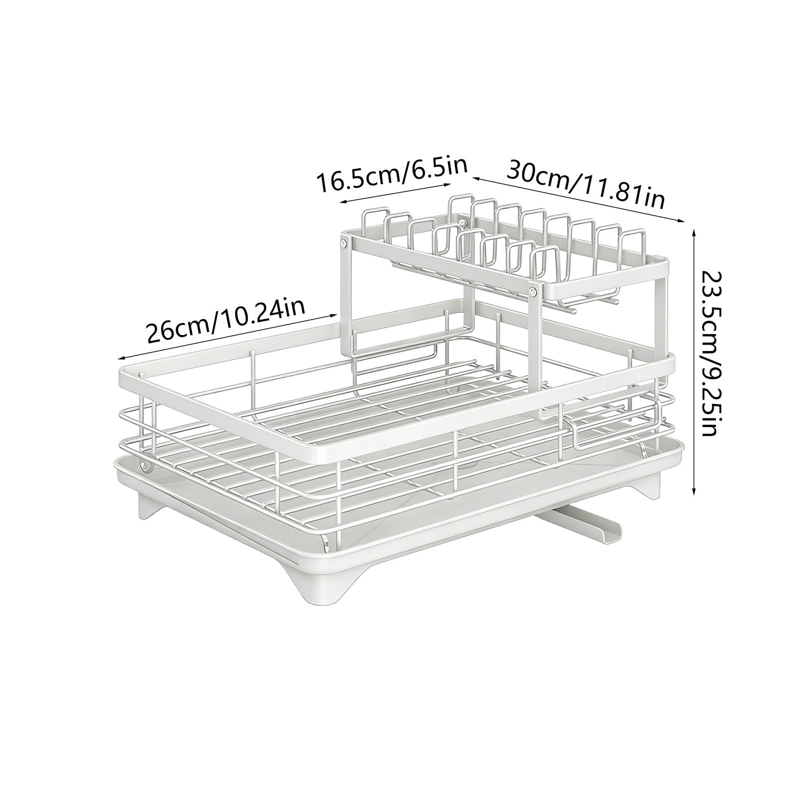 Dish Drying Rack Carbon Steel 2 Tier Draining Rack, Bowl Plate Chopstick Storage with Water Drain Tray, Countertop Dish Organizer for Kitchen Sink and Counter