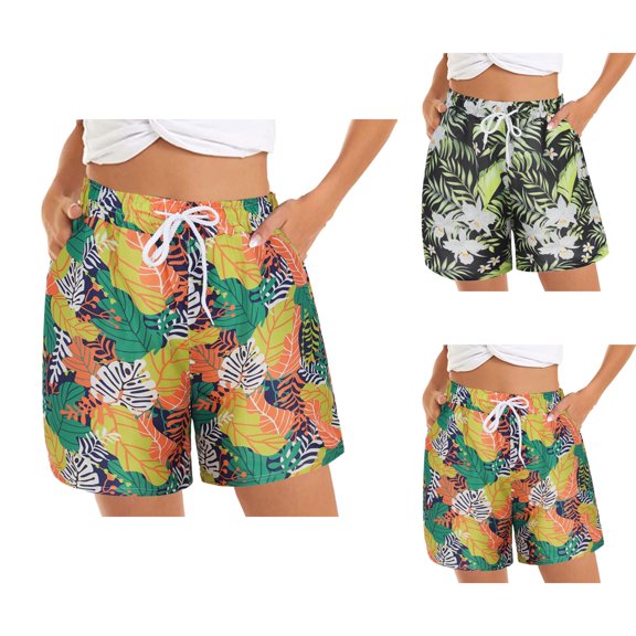 Shorts for Women Women'S Casual Summer Beach Shorts Elastic Waist Floral Print With 2 Pockets