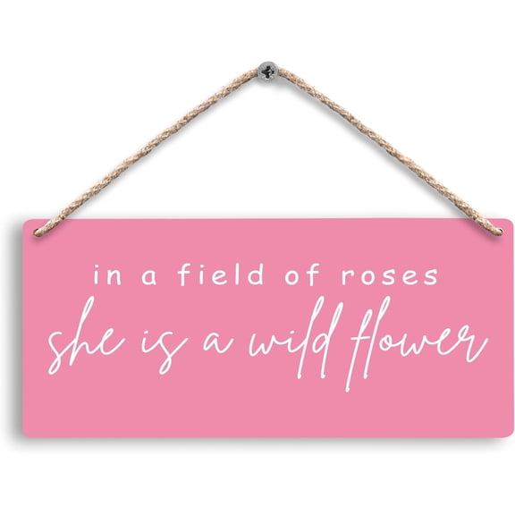 Zomyto In a Field of Roses She is a Wildflower Pink Hanging Wooden Signs 12x6, Pink Inspirational Girls Room Girl Nursery Wall Decor