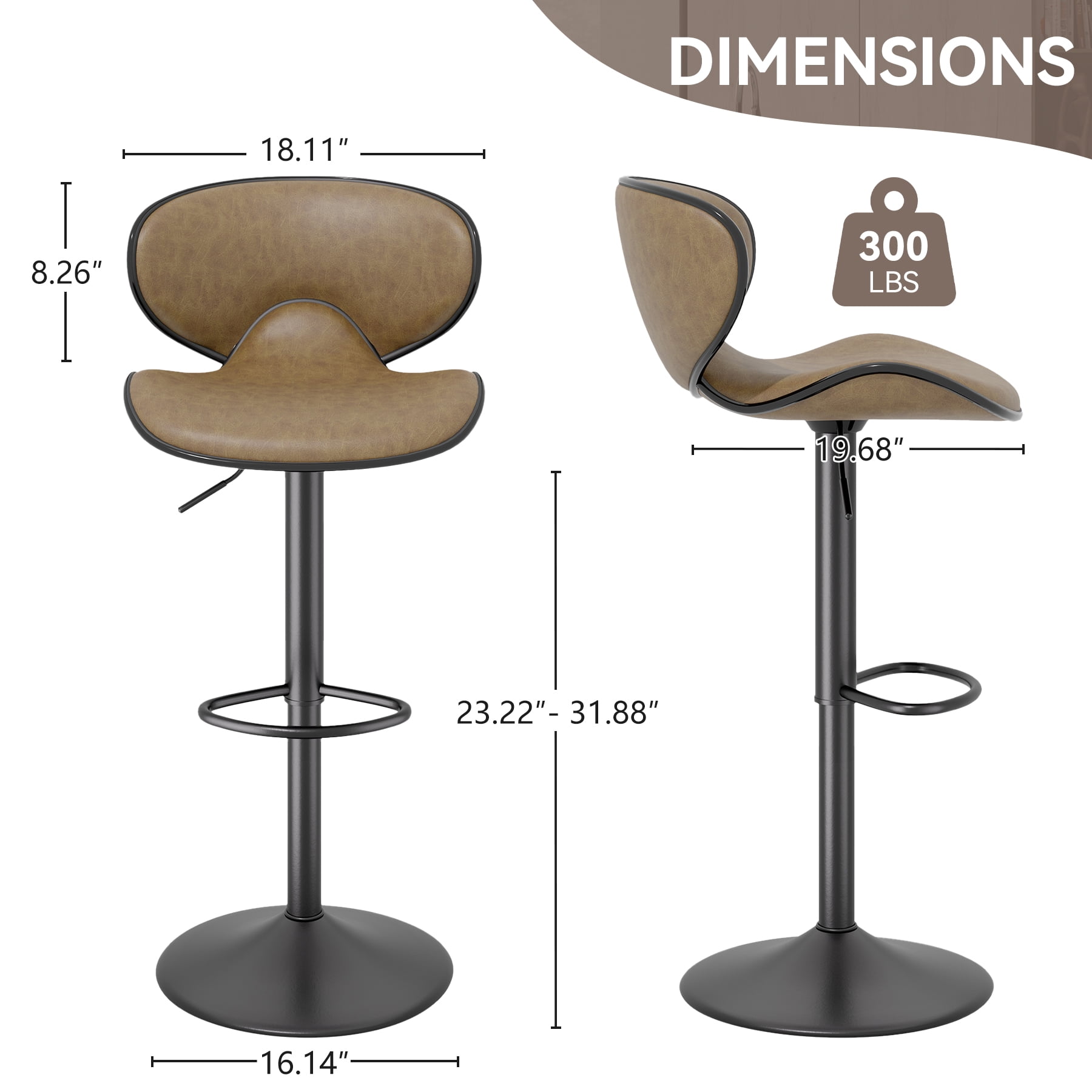 Hawsaiy Adjustable Swivel Bar Stools Set of 2 with Back and Footrest, Faux Leather Counter Height Kitchen Stools, Modern Bar Chairs for Island and Home Bar, Brown