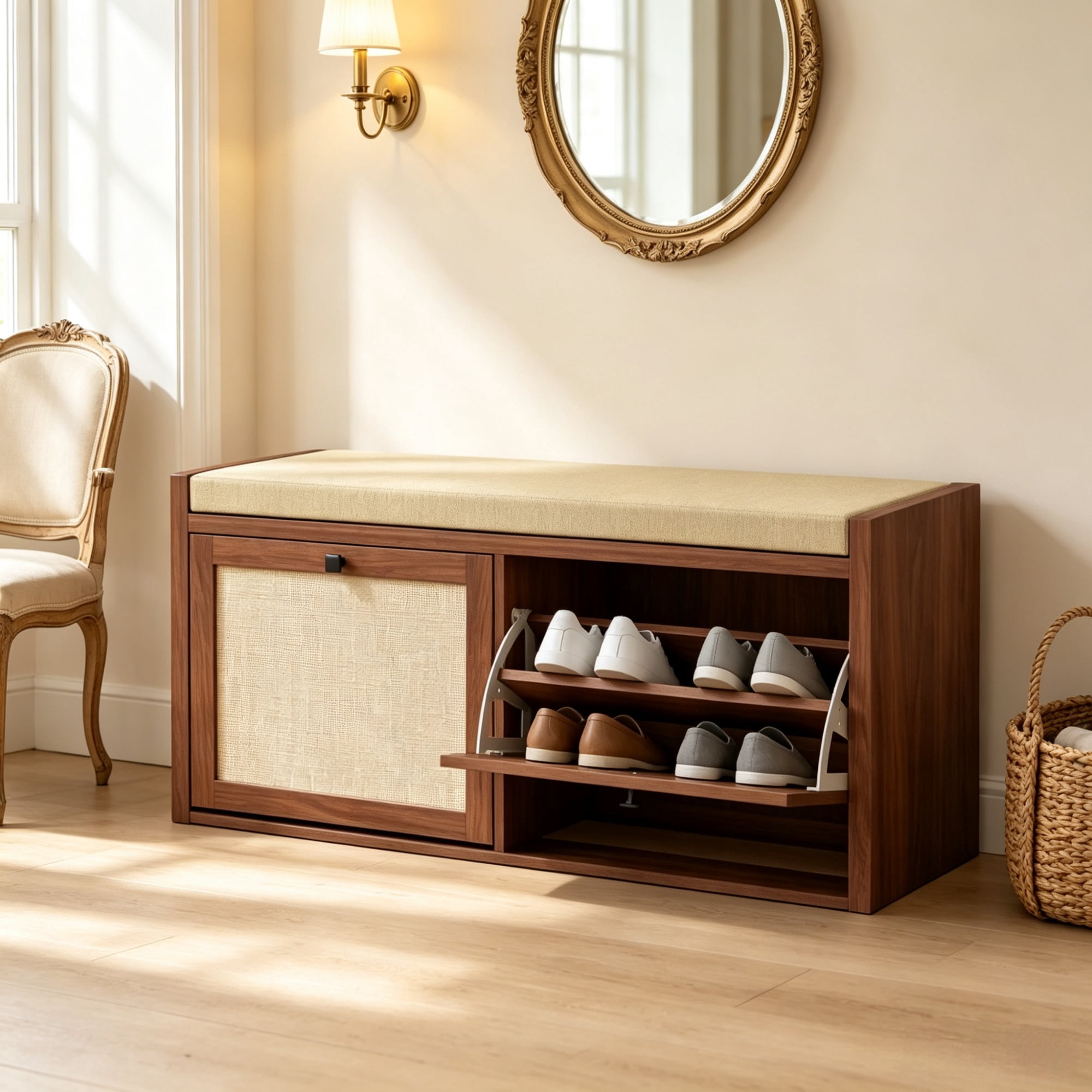 Entryway Shoe Storage Bench, Padded Seat with 2 Rattan Doors for Hidden Shoe Storage, Brown