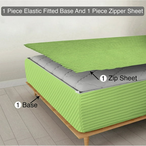 Zipper Fitted Sheet, (California King Size 72x84) 10 Inch Deep Pocket, 100% Egyptian Cotton, 800 TC, Stripe Sage Color.