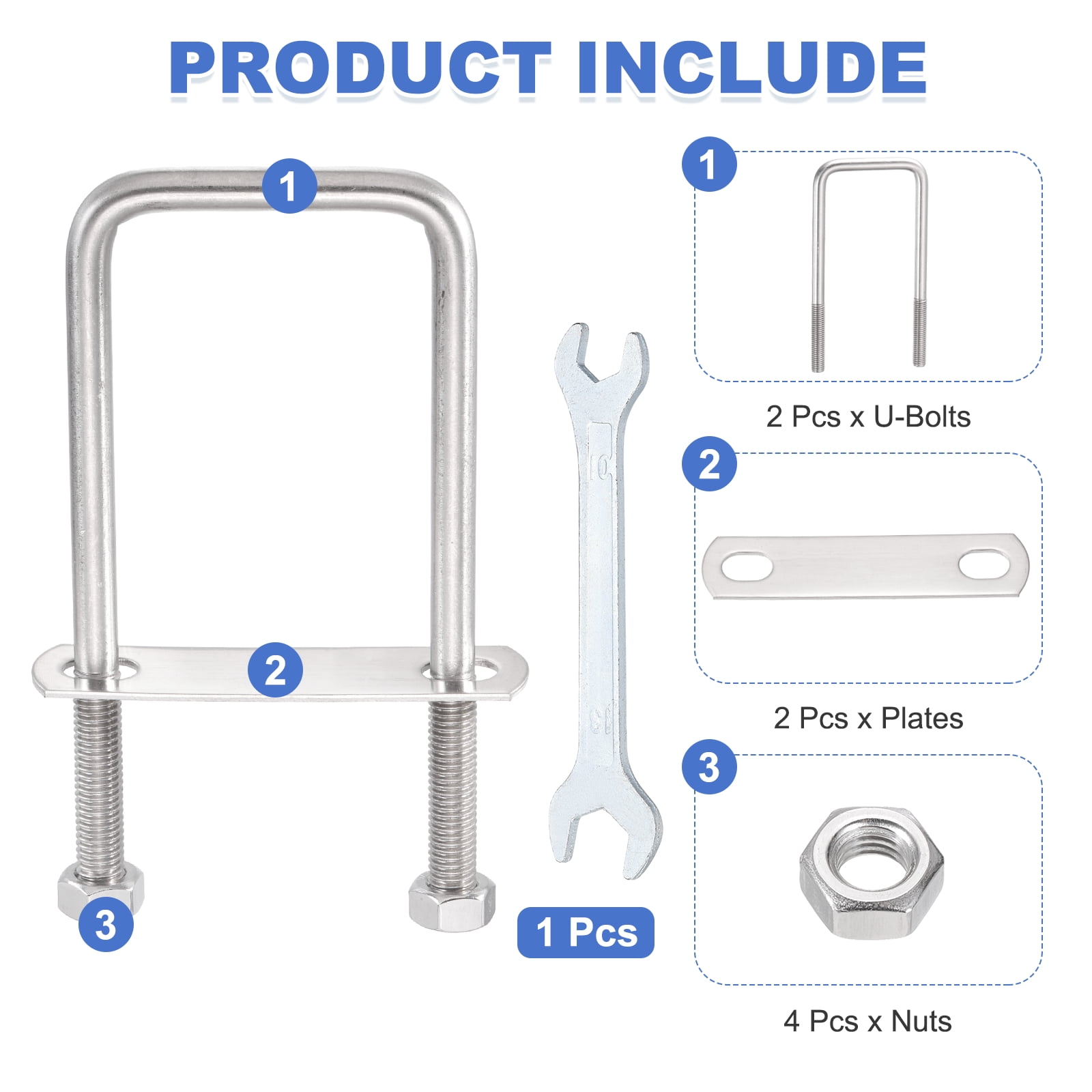 Uxcell 2 Sets M10 Square U-Bolts, 2.8" Inner Width 5.91" Length 304 Stainless Steel U Clamp Bolts with Nuts, Plates and Wrench