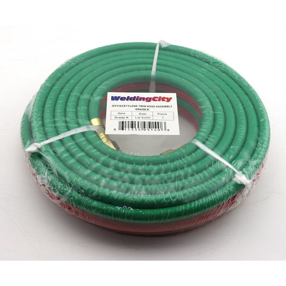 WeldingCity 3/16"-ID 12.5-ft Grade-R Acetylene/Oxygen (Red/Green) Twin Hose Rubber B-B Fittings for Welding Cutting Heating Gas Processes