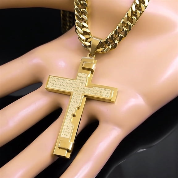 Jesus Cross Long 14K Yellow Gold Necklaces Pendant for Men Crucifix Religious Necklace Party Jewelry Gifts