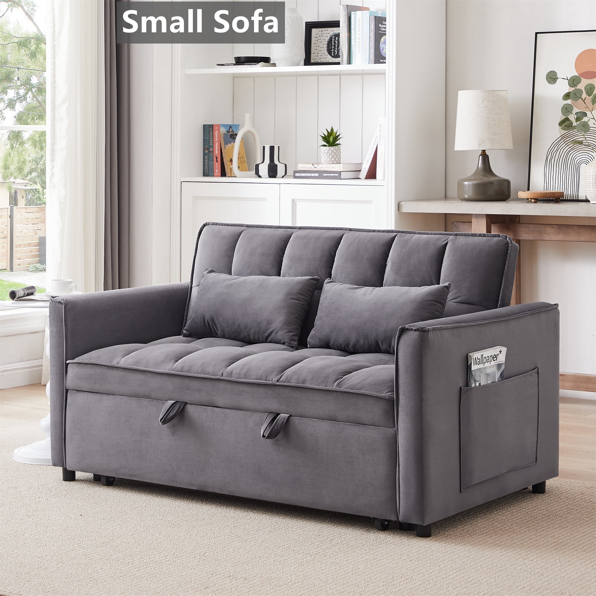 Aukfa 54" Chaise Futon Convertible Loveseat Sleeper Sofa, 2Pillows, Full Size, Velvet, Dark Gray