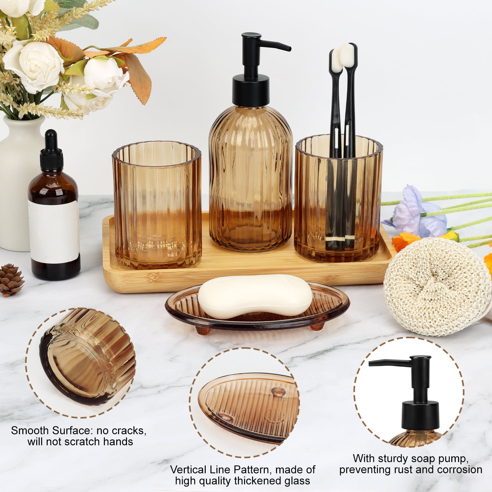 Bathroom Accessories Set, 4Pcs Bathroom Glass Soap Dispenser Set ,with Soap Dispenser , Soap Dish, Tumbler,Brown