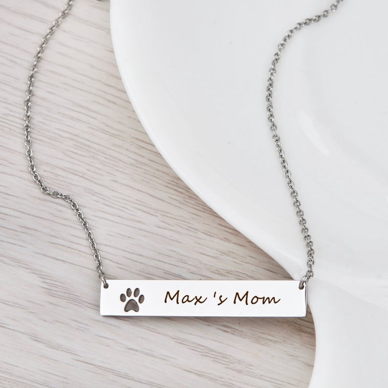 Anavia Personalized Paw Print Bar Name Necklace - Engrave Name Necklace - Stainless Steel - Birthday Gift for Her