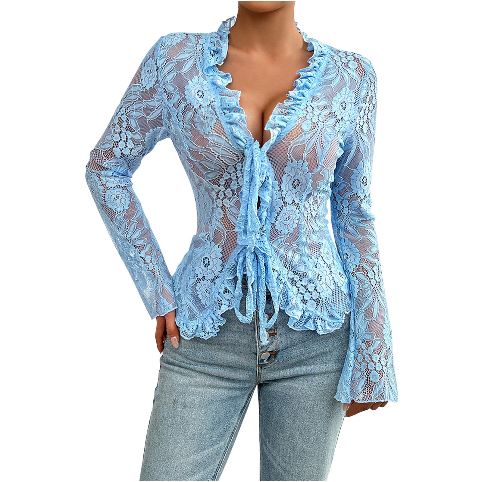 APEXFWDT Dressy Lace Tops for Women Sexy V Neck Knot Tie