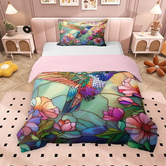 Erosebridal Chic Hummingbird Twin Bedding for Girls, Pink Flower Floral Duvet Cover Set, Pink Reversible, 2pcs 1 Duvet Cover and 1 Pillowcase, No Comforter