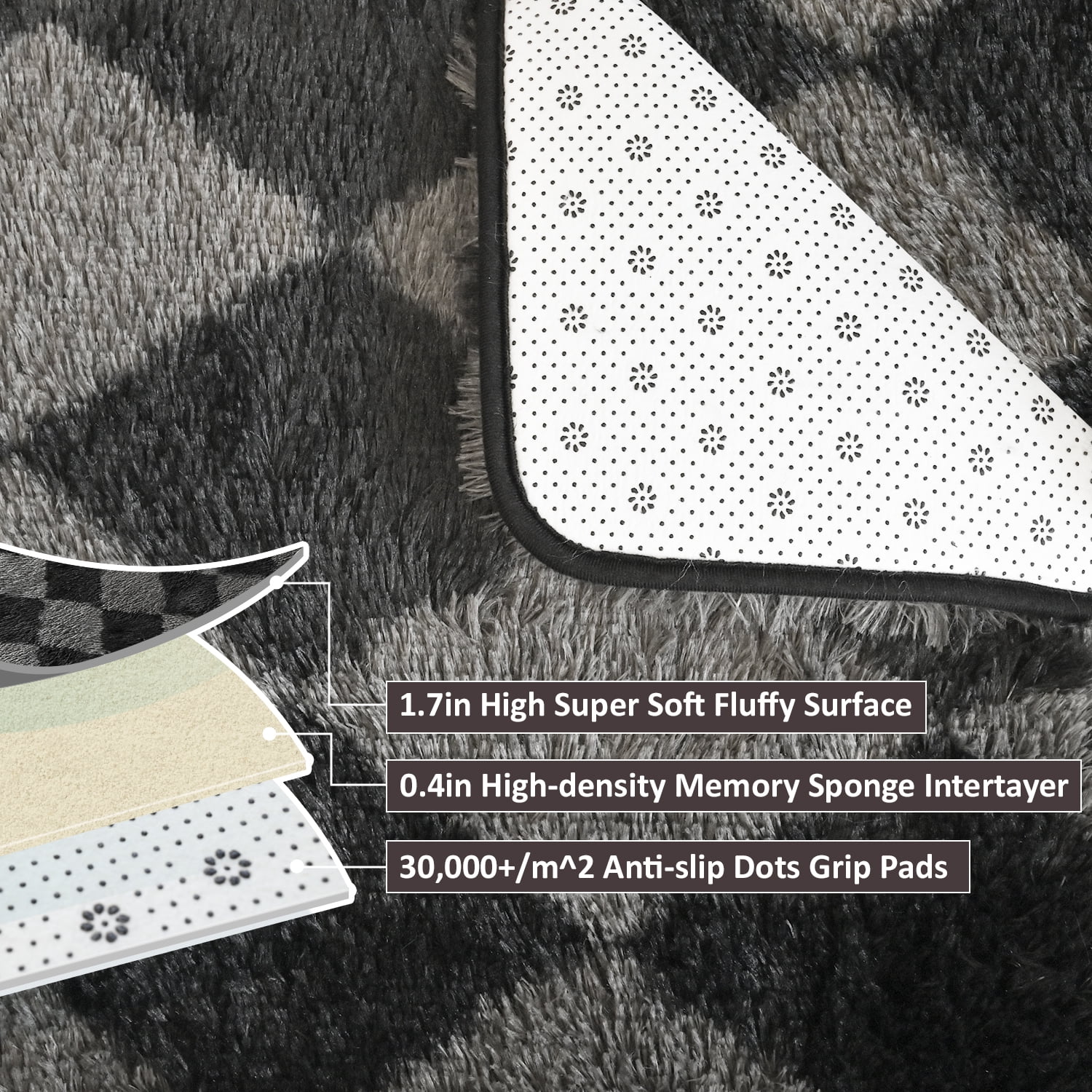 Pentantan 8’x 10’ Shag Area Rugs, Soft Fluffy Modern Checkered Indoor Carpet for Living Room Bedroom, Gray & Black